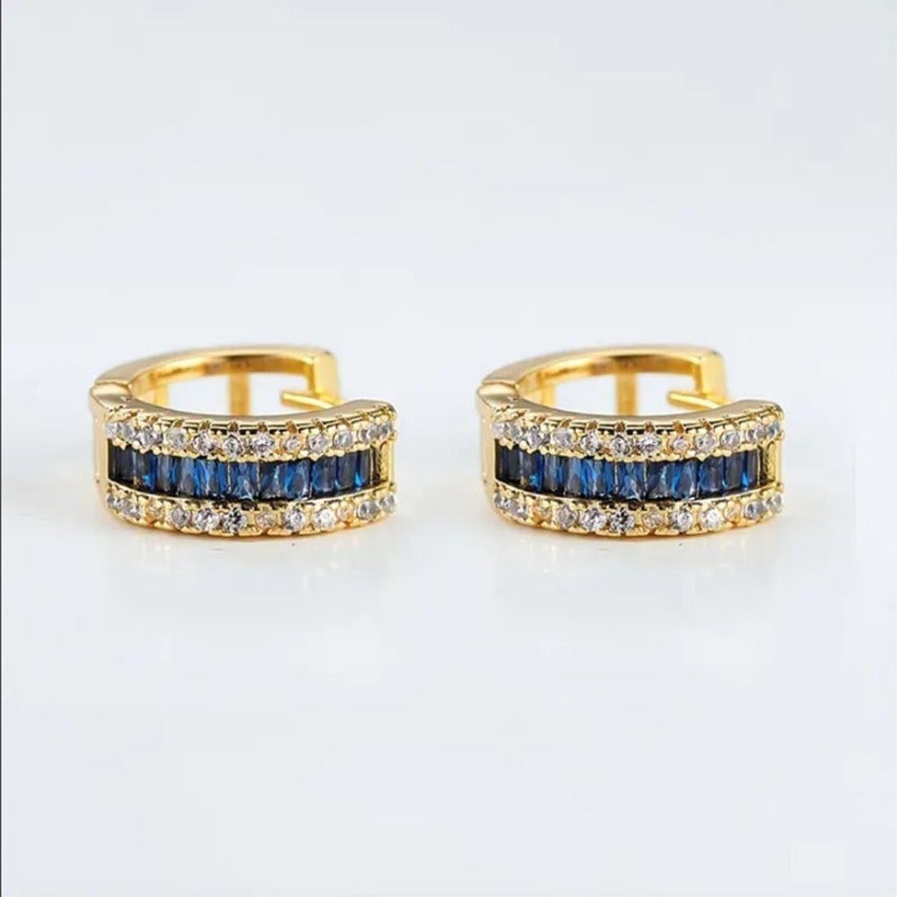 14K Gold Womens 1ct Blue Sapphire Gemstone 2ct Diamond Huggie Hoop Earrings 14 K - Picture 3 of 8